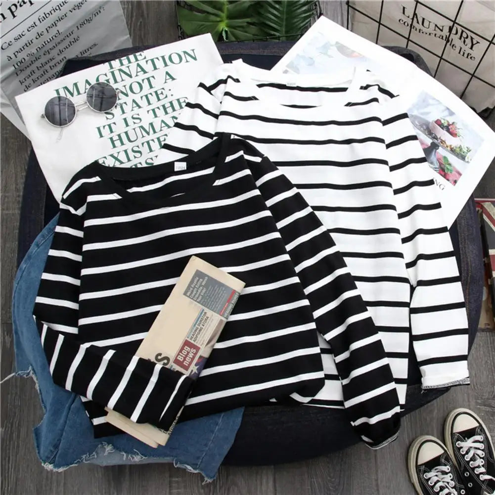 Long Sleeve Blouse Bottoming Shirt Sweat Absorbing O-Neck Anti Pilling Classic Striped Print Korean Style Pullover Blouse Tee Shirt Stretchy