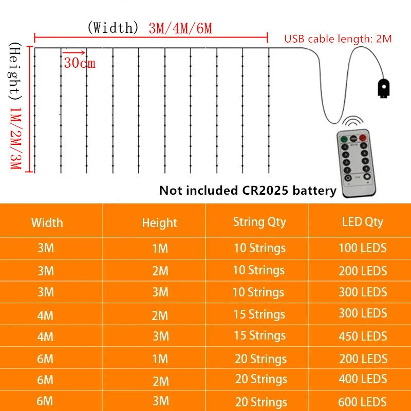 6/4/3M USB Curtain String Lights 8 Modes Fairy Light Christmas Tree Garland Light Party Bedroom Home Holiday Wedding Decoration