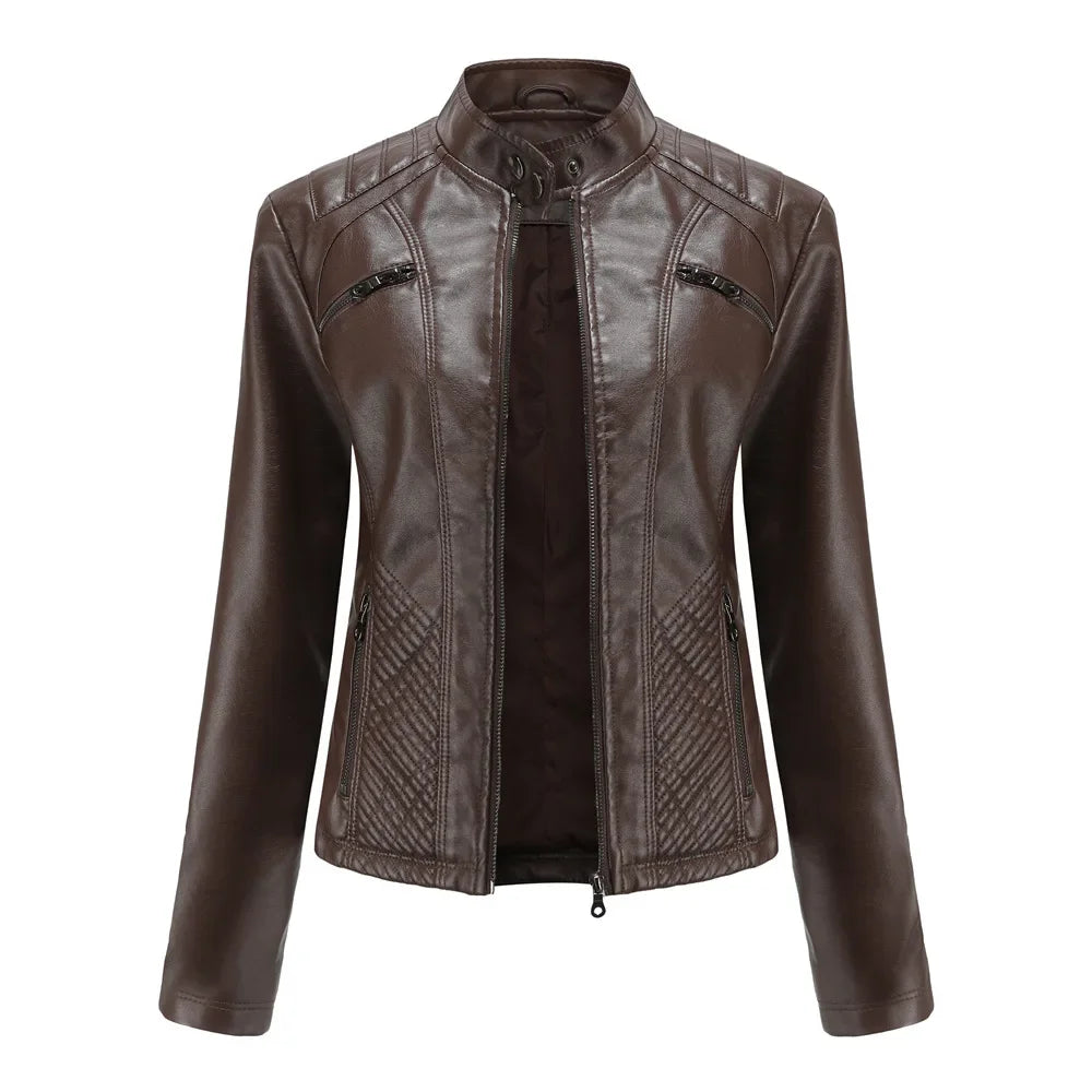 Women's Coat Fashion Trend Simple Analog Collar Zipper PU Leather Motorcycle Jacket for Women