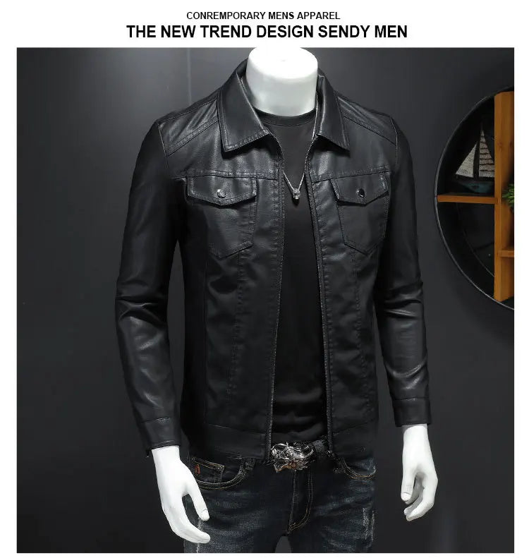 Men's Motorcycle Leather Jacket Large Size Pocket Black Zipper Lapel Korean Slim Fit Male High Quality PU Leather Coat for Men