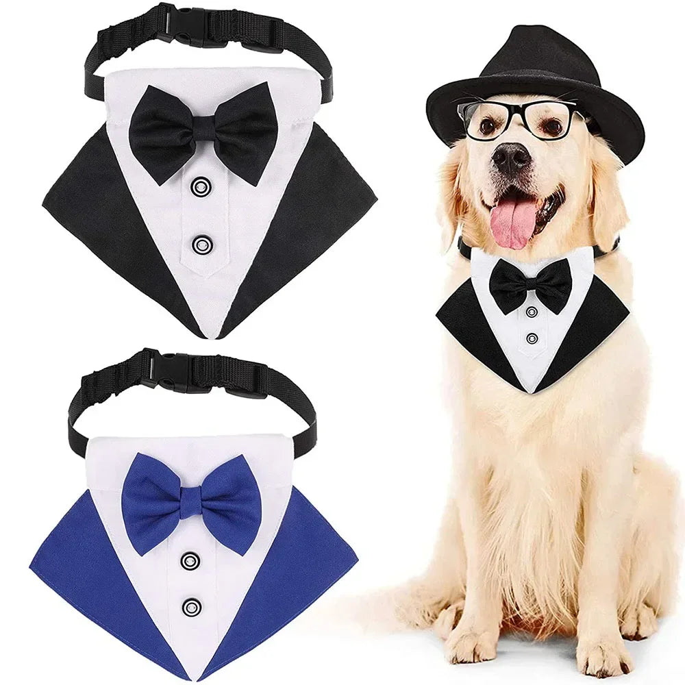 Formal Dog Tuxedo Wedding Bandana Collar with Bow Tie Adjustable Pet Neck Tie Neckerchief Bandana for Small Medium Large Dogs