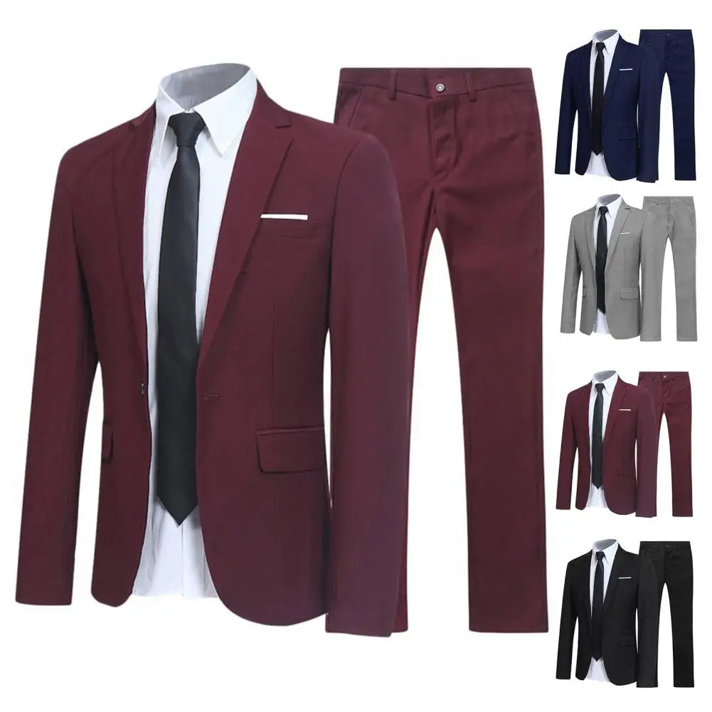 Men's Casual Boutique Business Suit Solid Color Turndown Collar Slim Fit Wedding Groom Suit Coat Blazers Trousers Suit Men's Sets