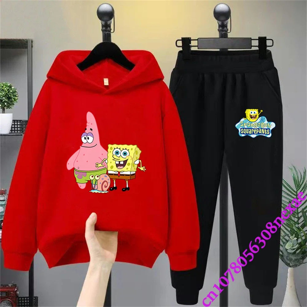 SpongeBob Spring And Autumn Children's Clothing Boys And Girls Sweater Suit 2 Pieces Cartoon Print Sweater Sportswear Trousers