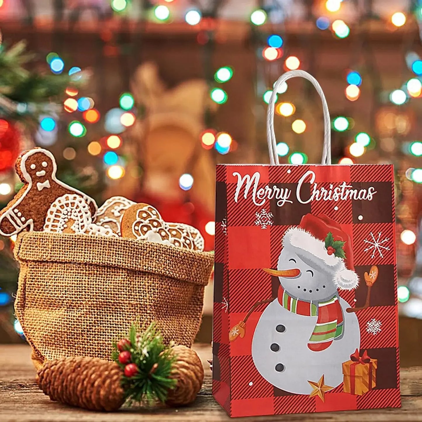 24/1PCS New Kraft Paper Handle Bags Christmas Santa Claus Snowman Candy Cookie Packaging Pouches Party Home Decoration Supplies