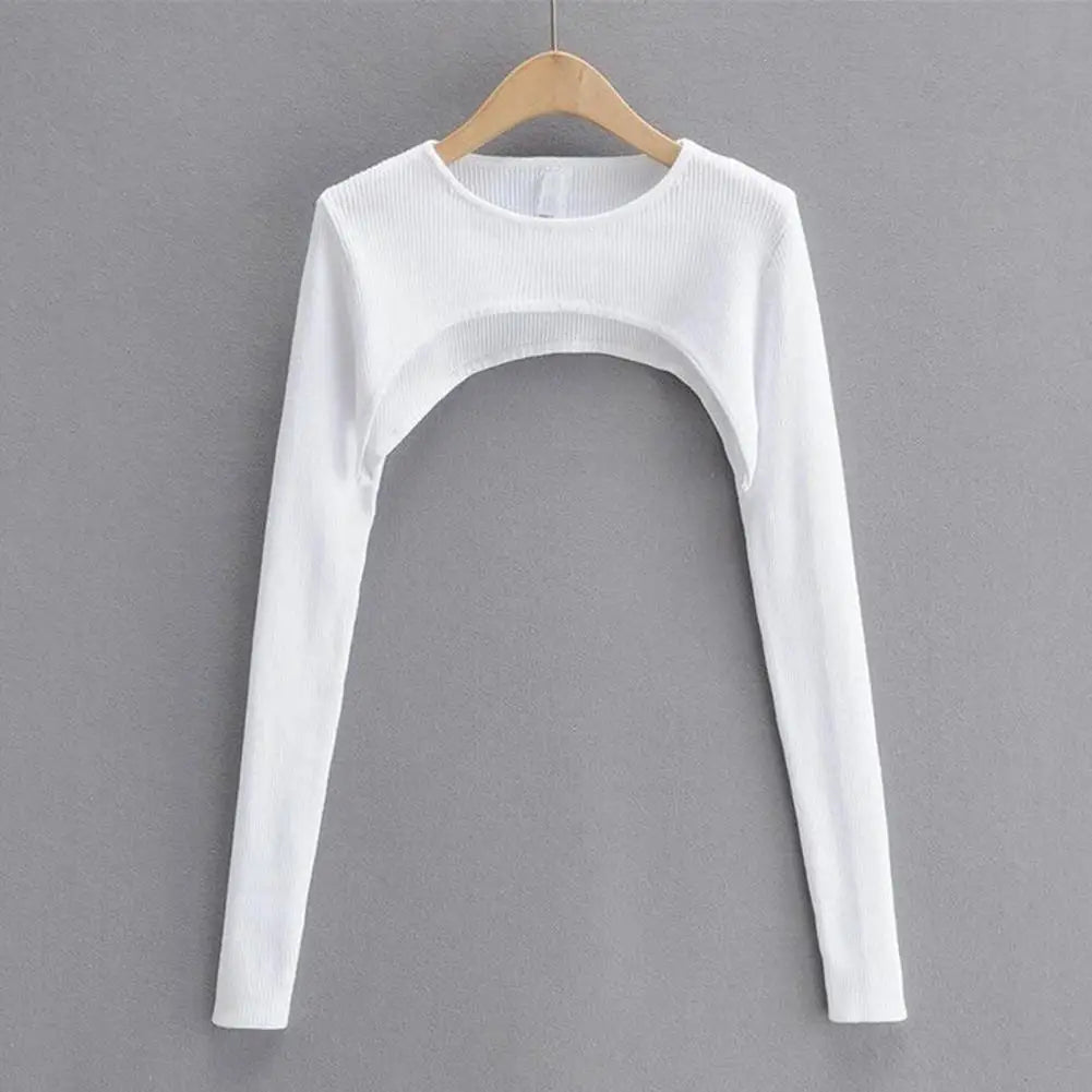 Women Long Sleeve Crop Top Blouse Round Neck Women T-shirt Stylish Women's Crop Top Set Elastic Knitted T-shirt Matching Coverup Top