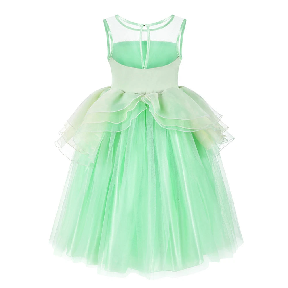 Halloween Children Tiana Cosplay Costume Girls Party Green Tulle Gowns Flower Princess Dresses