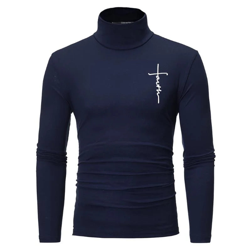 New Fashion Mens High Collar Long Sleeve T Shirt, Men's Fitness Workout Shirt Gym Training Tops Muscle Tees, Faith Graphic Tee