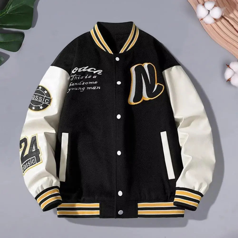 Men Baseball Jacket Men's Stand Collar Striped Letter Pattern Cardigan Baseball Coat