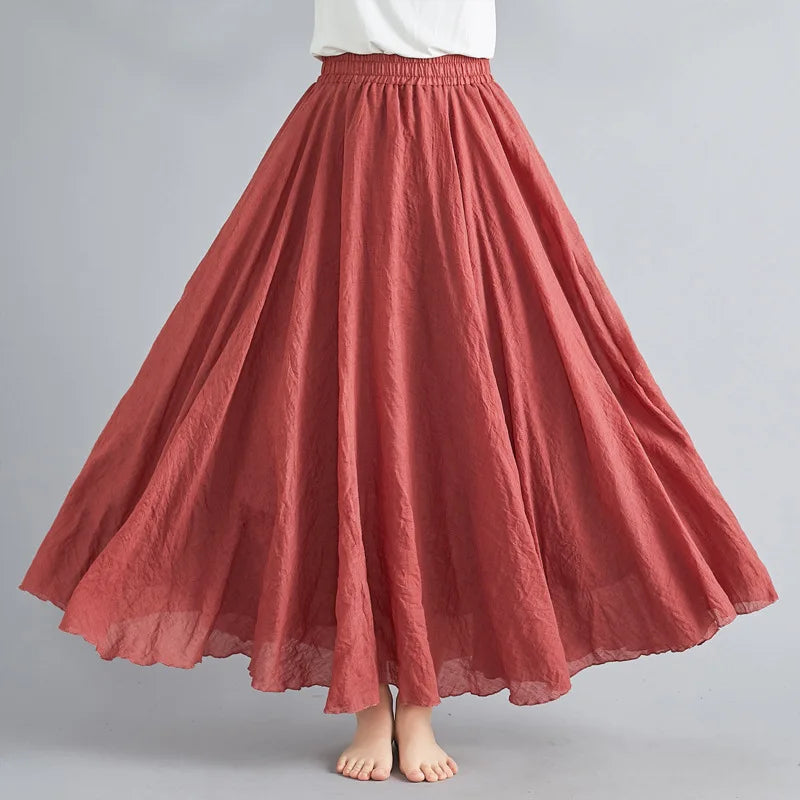 Women Linen Cotton Long Skirts Elastic Waist Pleated Maxi Skirts Beach Boho Vintage Summer Skirts