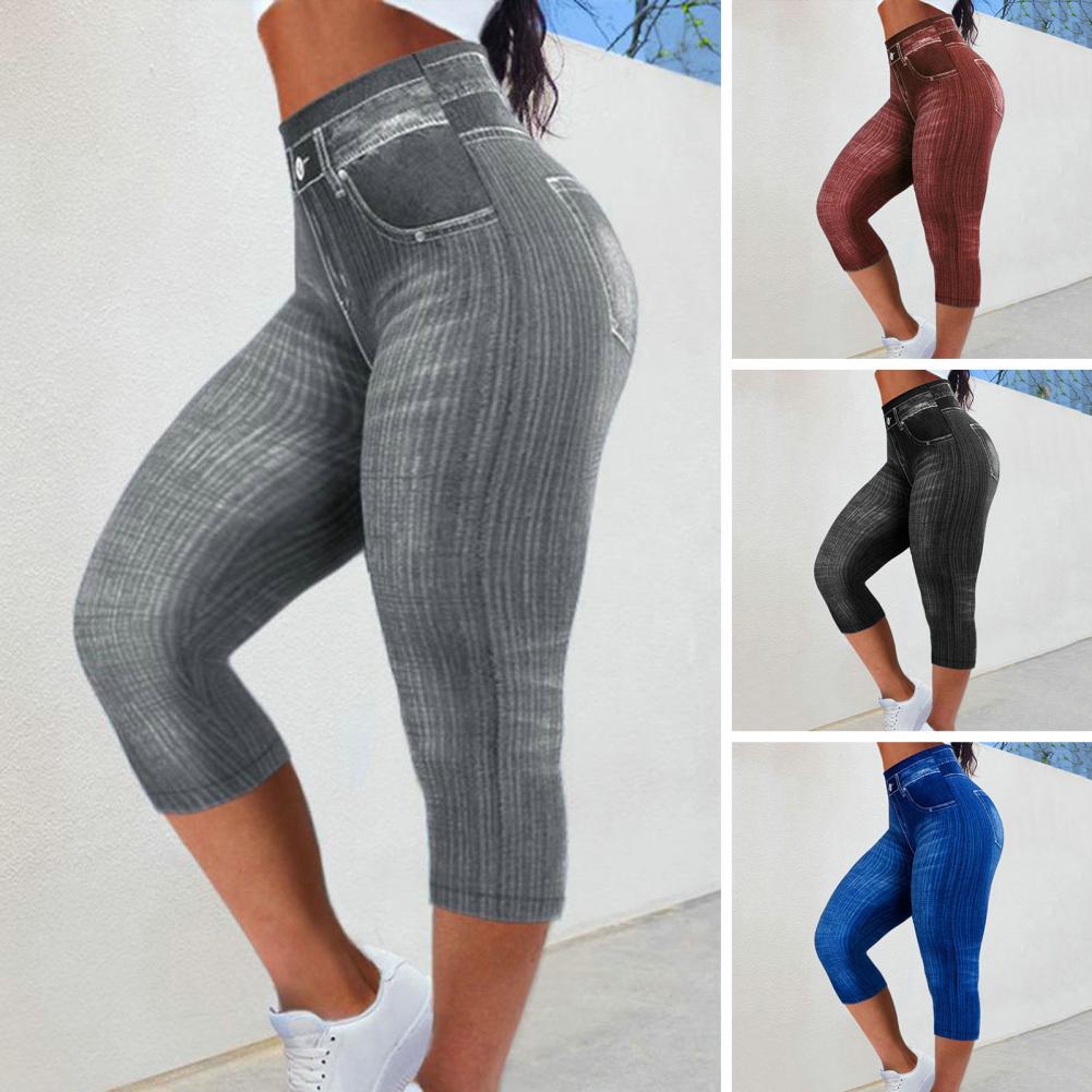 Women Cropped Pants Stretch Fitness Fake Pockets High Waist Butt-lifted Faux Denim Jeans Soft Casual Thin Pencil Pants