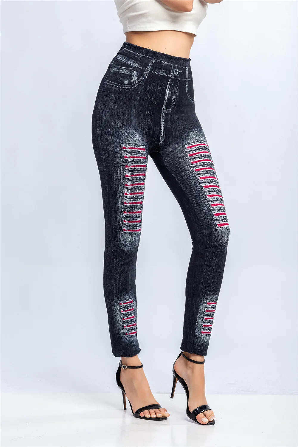 Fashion Stripe Printed Imitation Denim Leggings for Women's Elastic Slim Denim Trousers