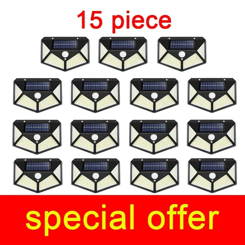 15Pcs/ Outdoor Solar Powered Lamp IP65 Waterproof with Motion Sensor 100 Led Spotlights Street Wall Light Garden Decoration