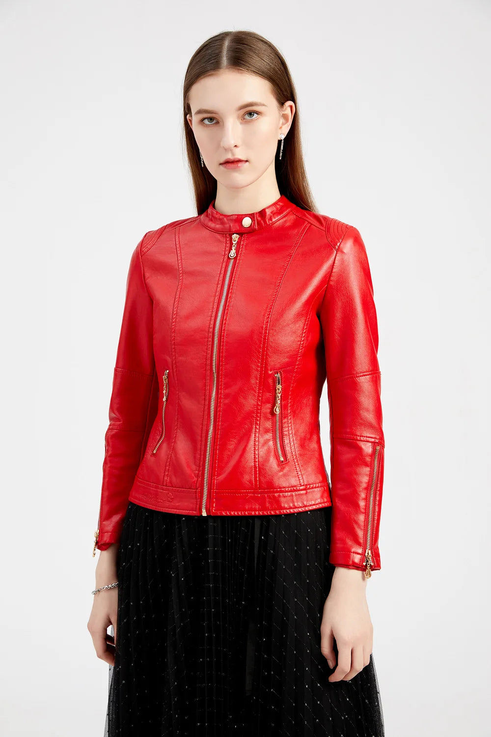 Leather Women Coat Full Sleeve Round Neck Slim Fit Solid Sexy Regular Jackets Zipper Casual Jacket