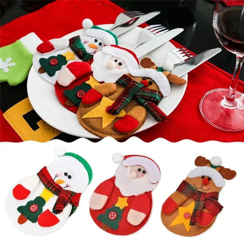 10pcs Christmas Fork Knife Cutlery Holder Bag Pocket/Mini Lollipop Santa Claus Hats Lollypop Cap Christmas Table Decor New Year