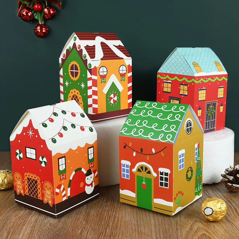 4pcs Christmas House Shape Candy Box Cartoon Merry Christmas Gift Packaging Chocolate Box Navidad 2024 New Year Party Kids Gifts