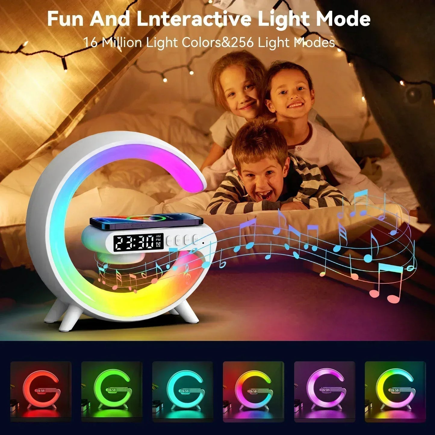 Wireless Charger Pad Stand Bluetooth Speaker LED RGB Night Lights Lamp Alarm Clock Fast Charging Station Dock for iPhone Samsung