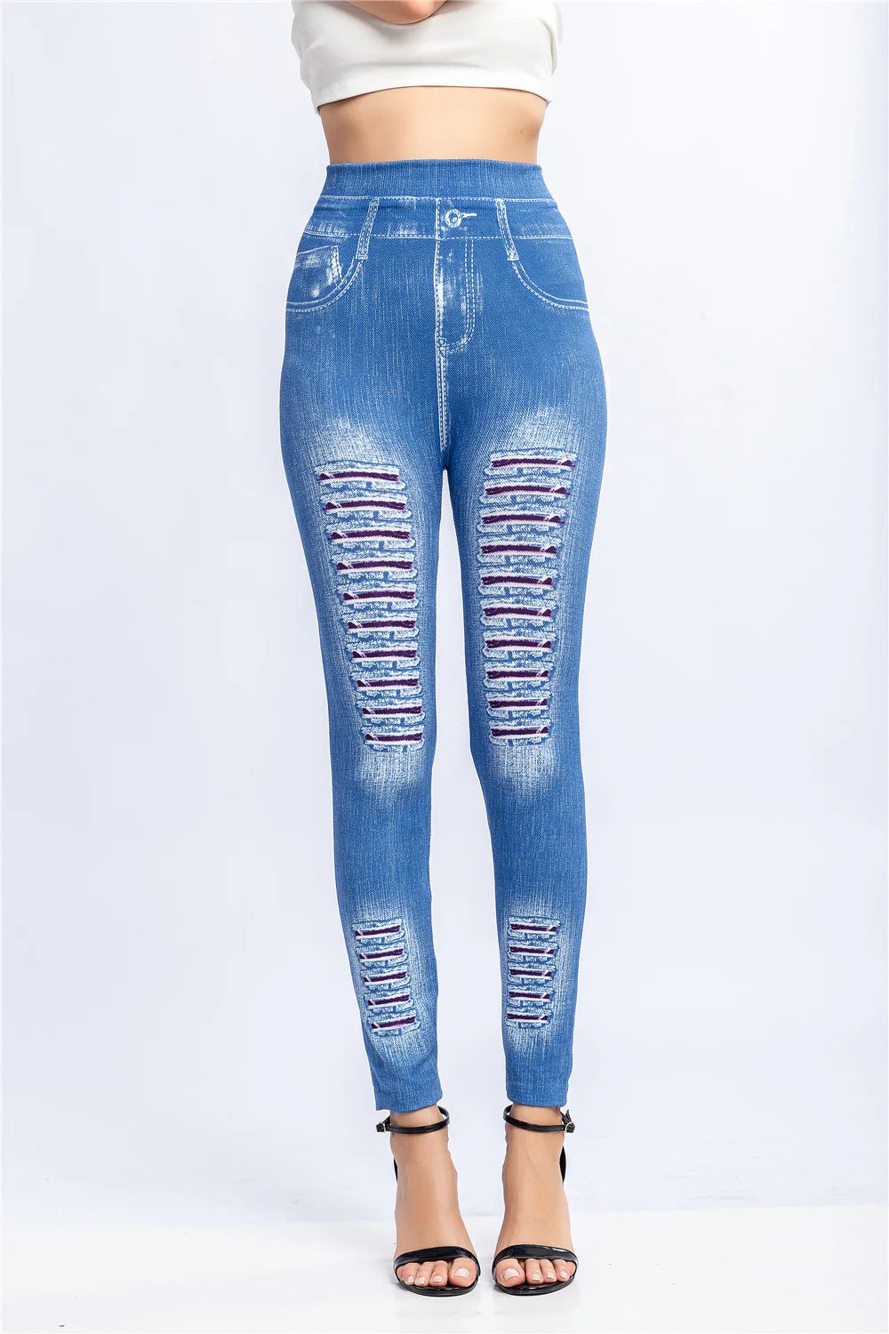 Fashion Stripe Printed Imitation Denim Leggings for Women's Elastic Slim Denim Trousers