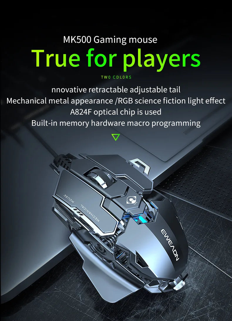 MK500 Esports Gaming Mouse Wired Mechanical Macro Desktop Computer Metal Weighted USB Mute Computer Accessories for Gamers Gift