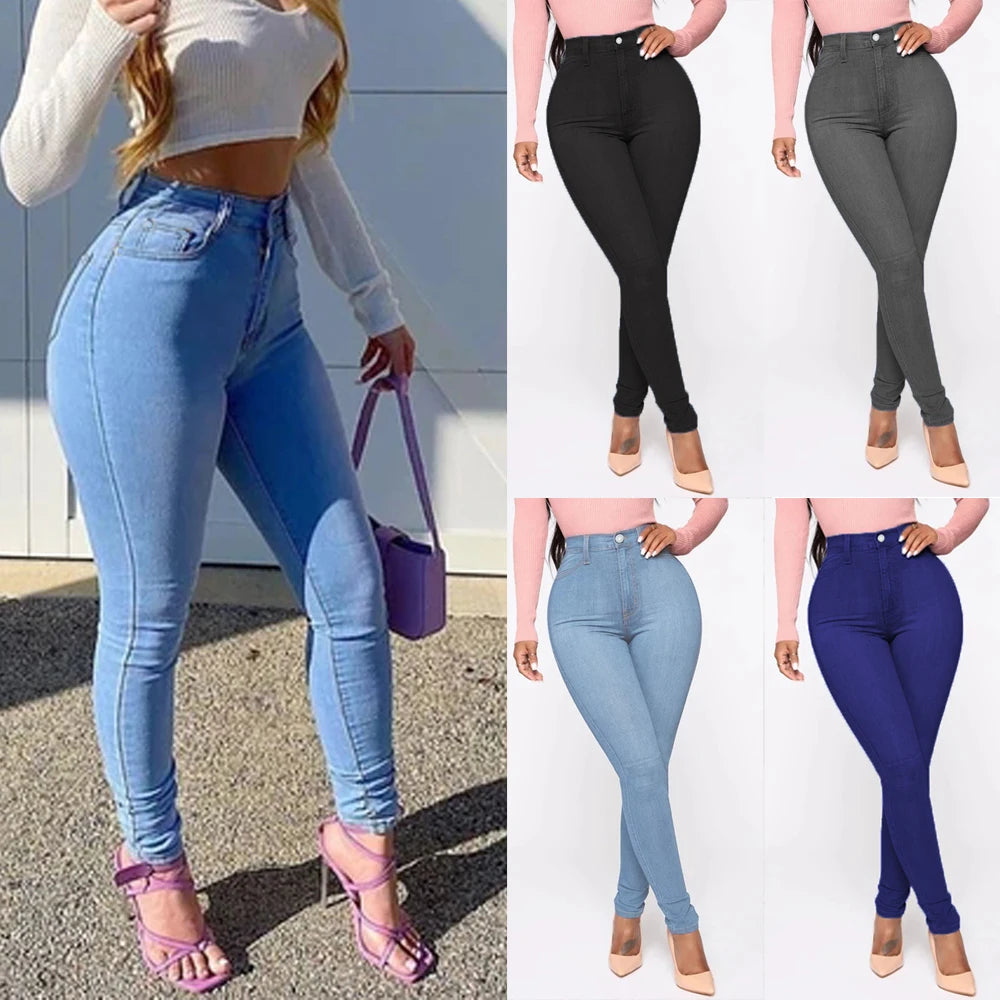 High Waist Women's Jeans Pants Stretch Skinny Denim Pants Blue Retro Elastic Slim Pencil Trousers