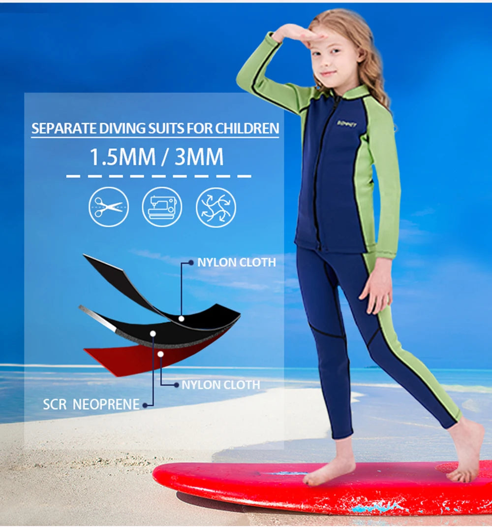 New Kids Wetsuit Neoprene 1.5mm/3mm Boys and Girls Thick Warm Scuba Diving Suit Underwater Free-diving Split Long Sleeve