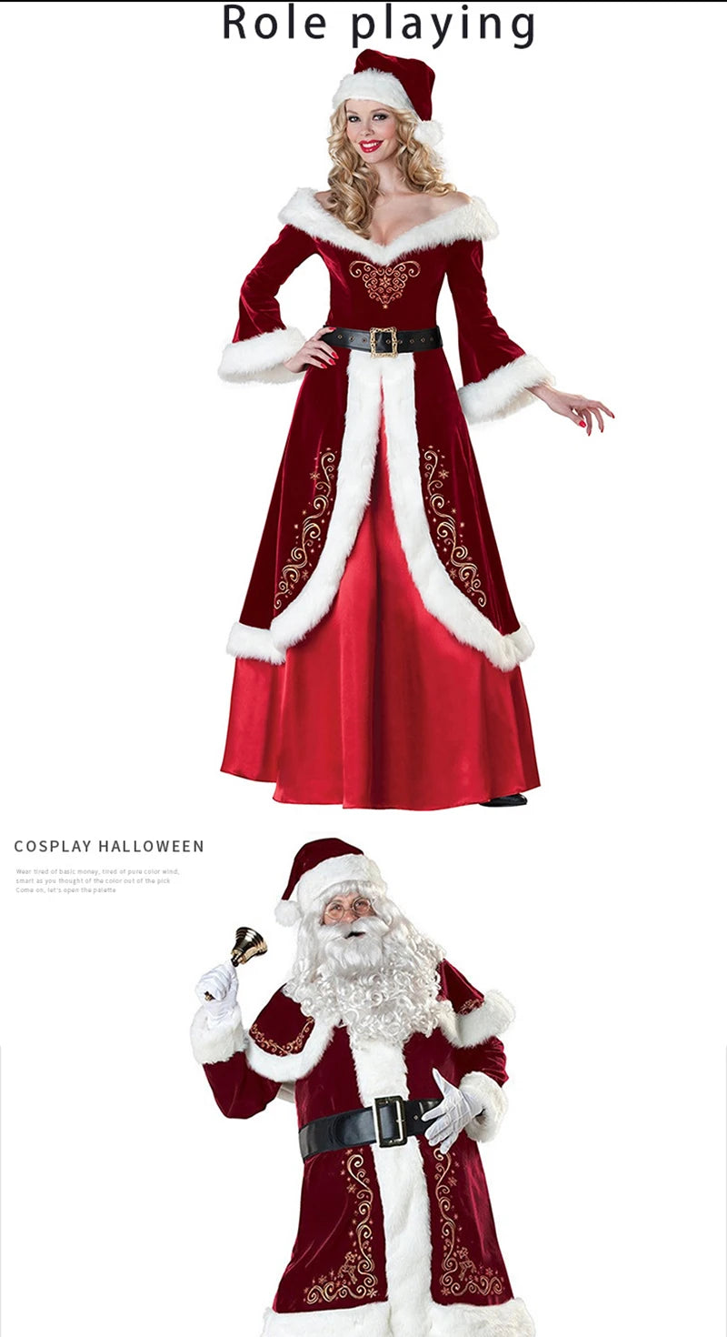 Christmas Santa Claus Costume Red Velvet Lady Elegant Long Dress Xmas For Man Woman