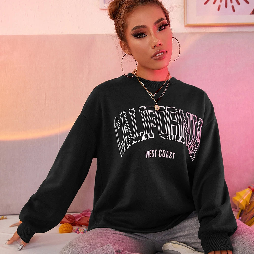 Korean Trend Woman Sweatshirts California West Coast Print Female hoodie Long Sleeves O-neck Pullovers Sporty and Rich Clothing