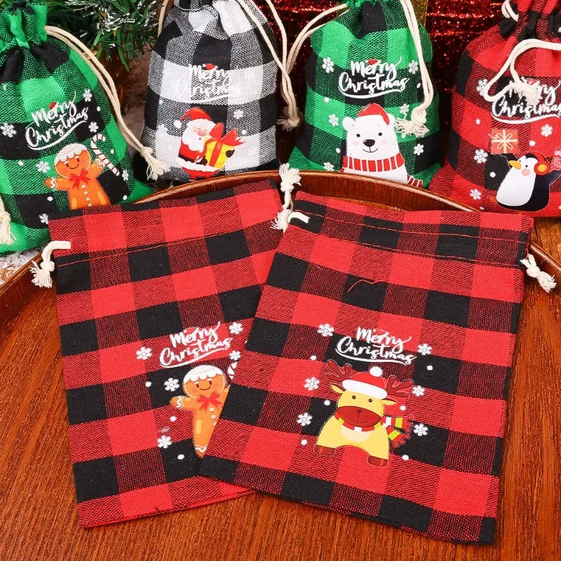 Christmas Burlap Bag Linen Xmas Gift Packaging Bags Santa Claus Snowman Drawstring Pocket Pouch Kids Favors Wrapping Box