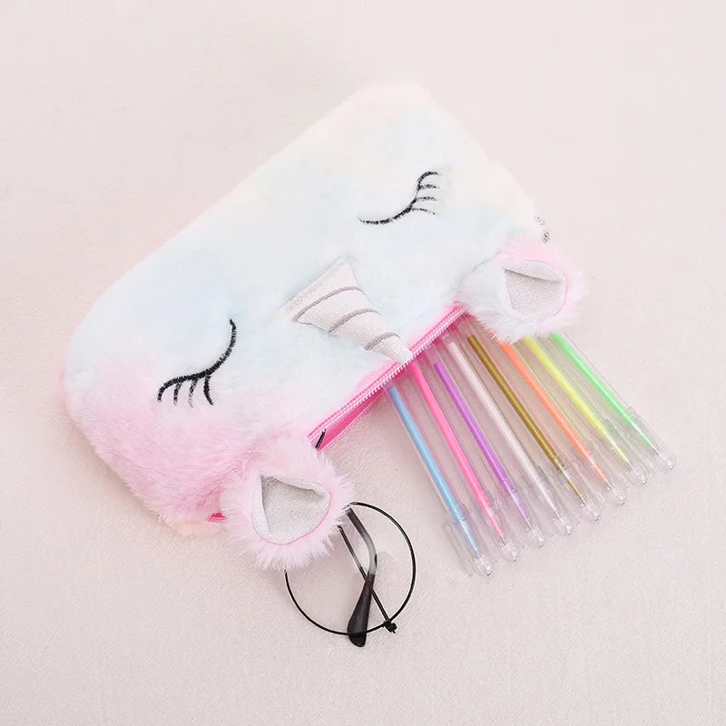 Cartoon Unicorn Pencil Case Plush Kawaii Pencil Bag Cosmetics Storage Pouch Kids Gifts Korean Stationery School Office Supplies