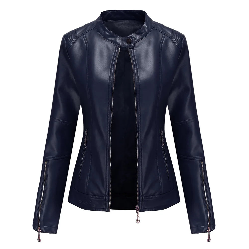 Leather Women Coat Full Sleeve Round Neck Slim Fit Solid Sexy Regular Jackets Zipper Casual Jacket