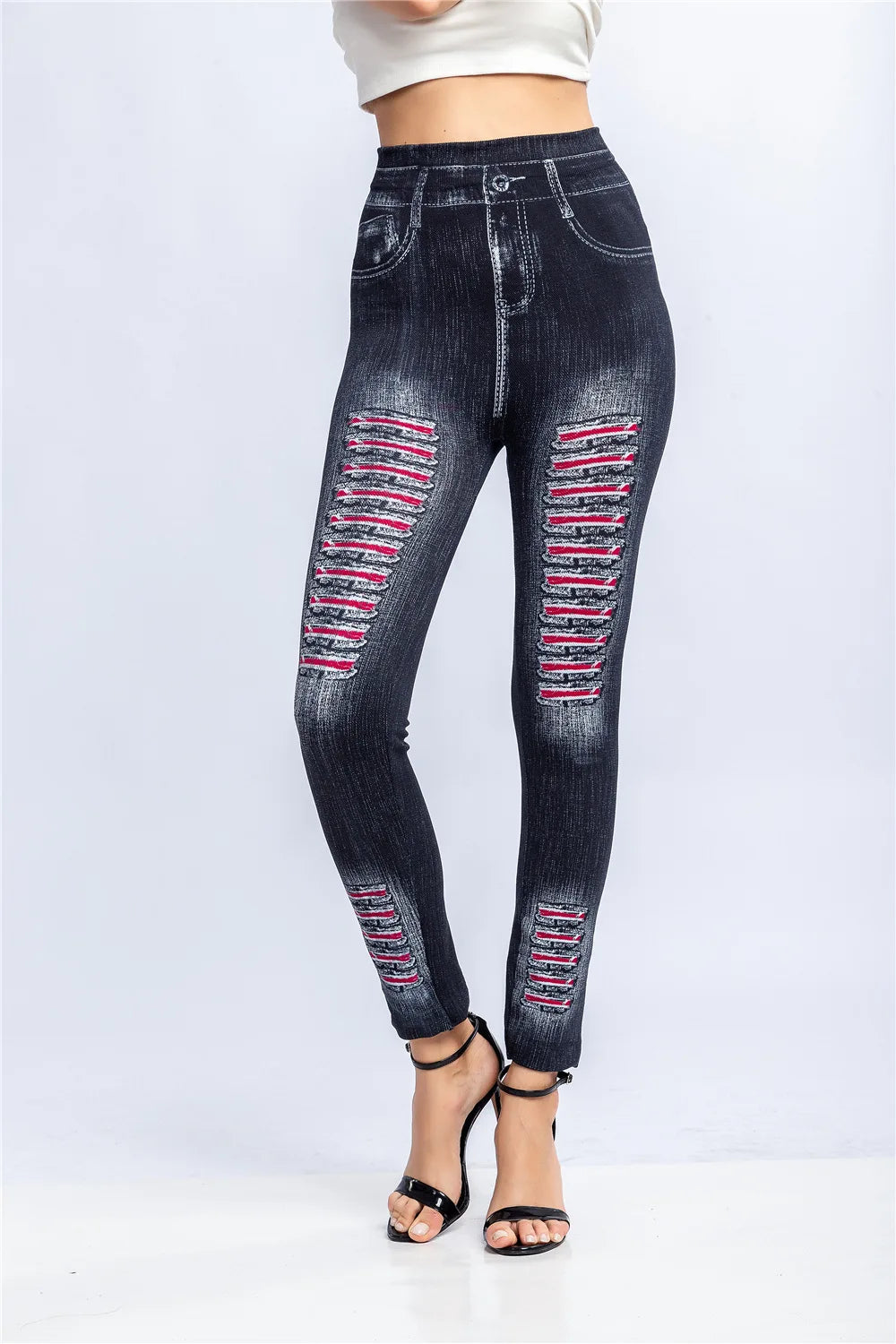 Fashion Stripe Printed Imitation Denim Leggings for Women's Elastic Slim Denim Trousers