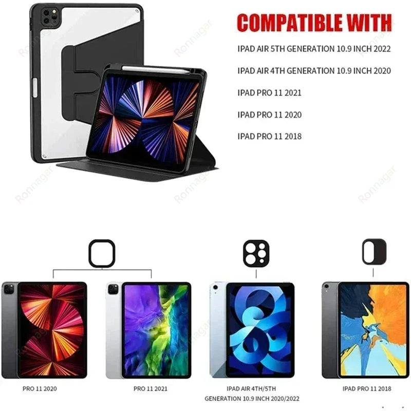 For iPad Air11 M2 Air13  iPad Air4 5 10.9'' 10th 360° Rotating Hard Back Shell Cover for iPad Pro 11 M4 Case 2024/2022/2021/2020