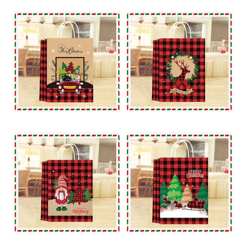 Christmas Kraft Paper Retro Grid Handheld Bag Santa Claus Gifts Box Party