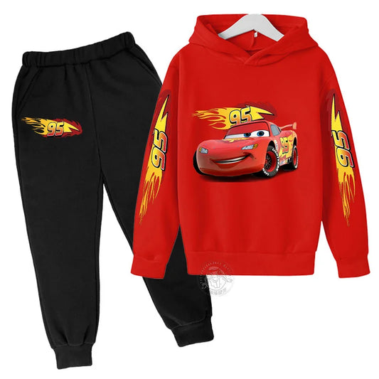 Autumn Disney Car Children's Lightning McQueen Cartoon Printed Children's Hoodie+Pants Anime Kawaii Top Casual Boys and Girls Se