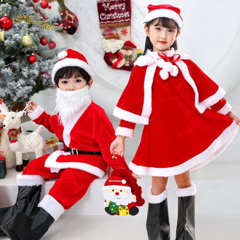 Christmas Costume boys and girls clothing, with girls shawls, boots, Christmas gift bags