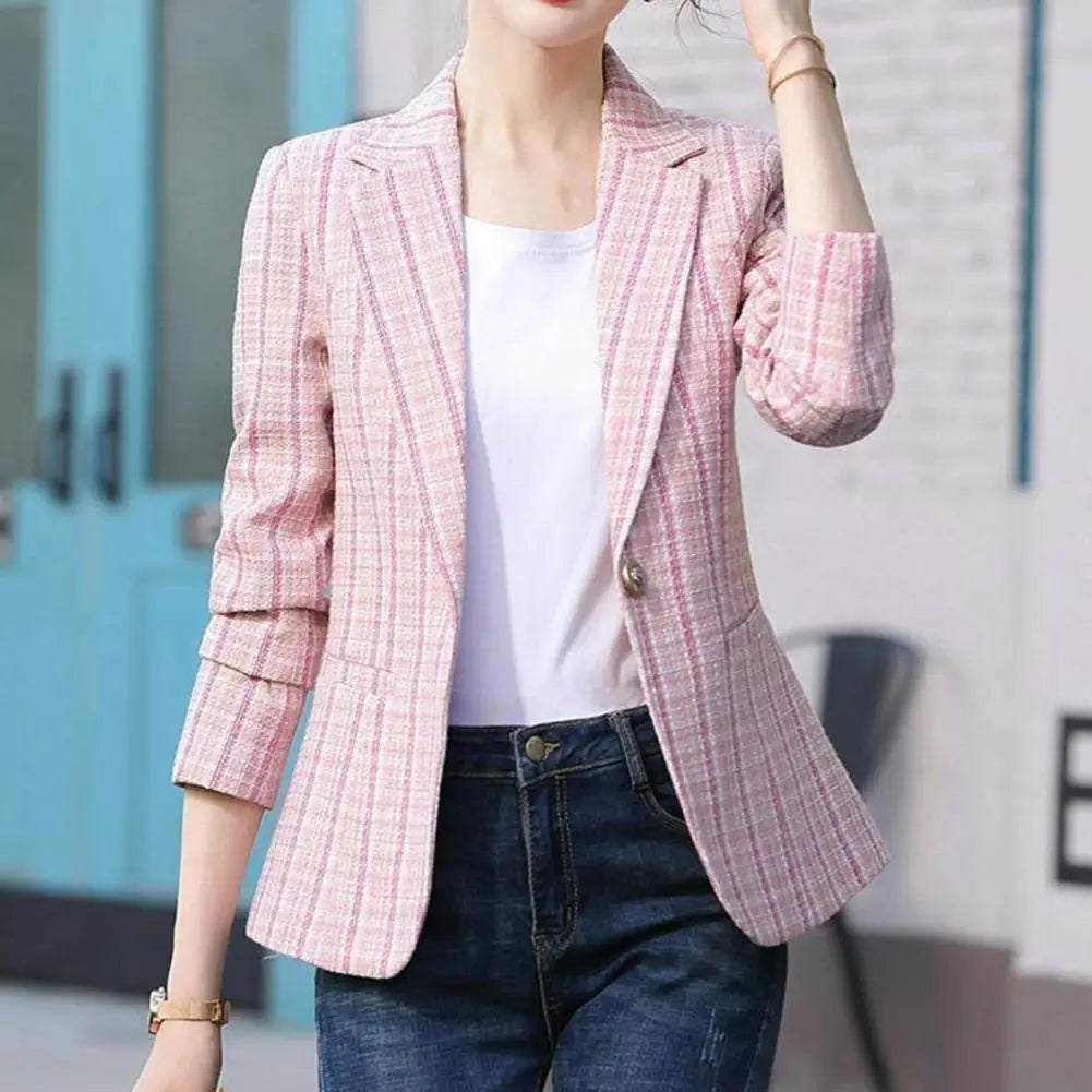 Women Blazer Cardigan Contrast Color Long Sleeves Warm Business Anti-wrinkle Autumn Coat for Work