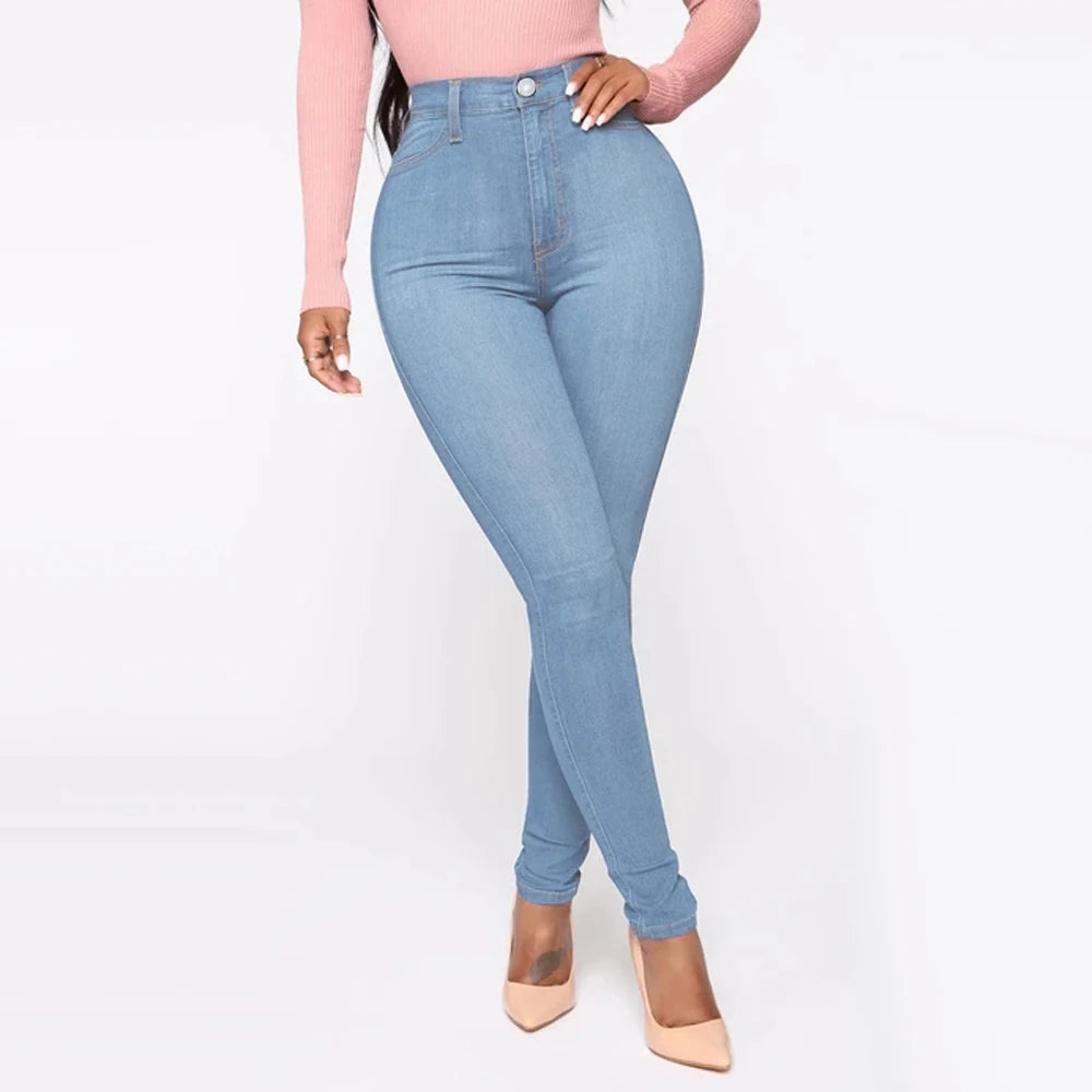 High Waist Women's Jeans Pants Stretch Skinny Denim Pants Blue Retro Elastic Slim Pencil Trousers