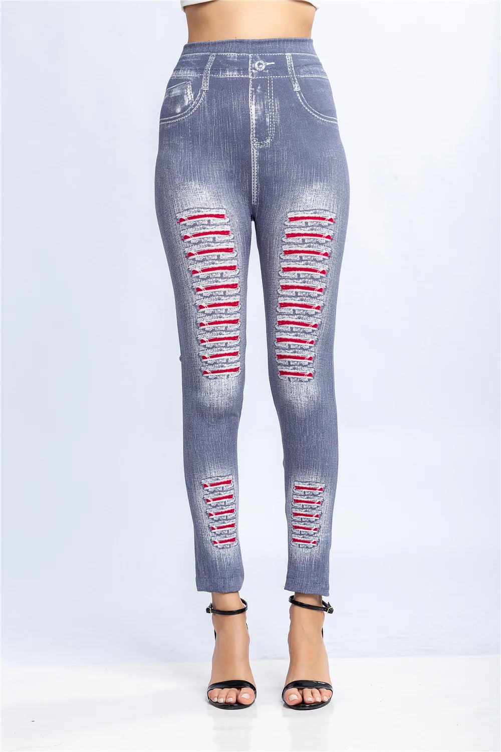 Fashion Stripe Printed Imitation Denim Leggings for Women's Elastic Slim Denim Trousers