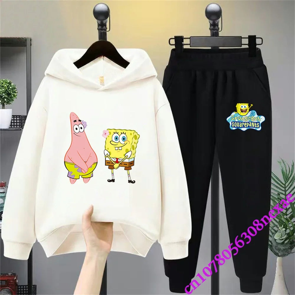 SpongeBob Spring And Autumn Children's Clothing Boys And Girls Sweater Suit 2 Pieces Cartoon Print Sweater Sportswear Trousers