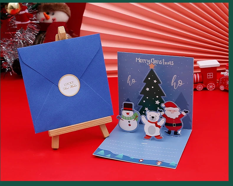 3D Pop Up Cartoon Christmas Card Merry Christmas Greeting Card Handwritten Blessing Invitation Cards Thanksgiving New Year Gifts