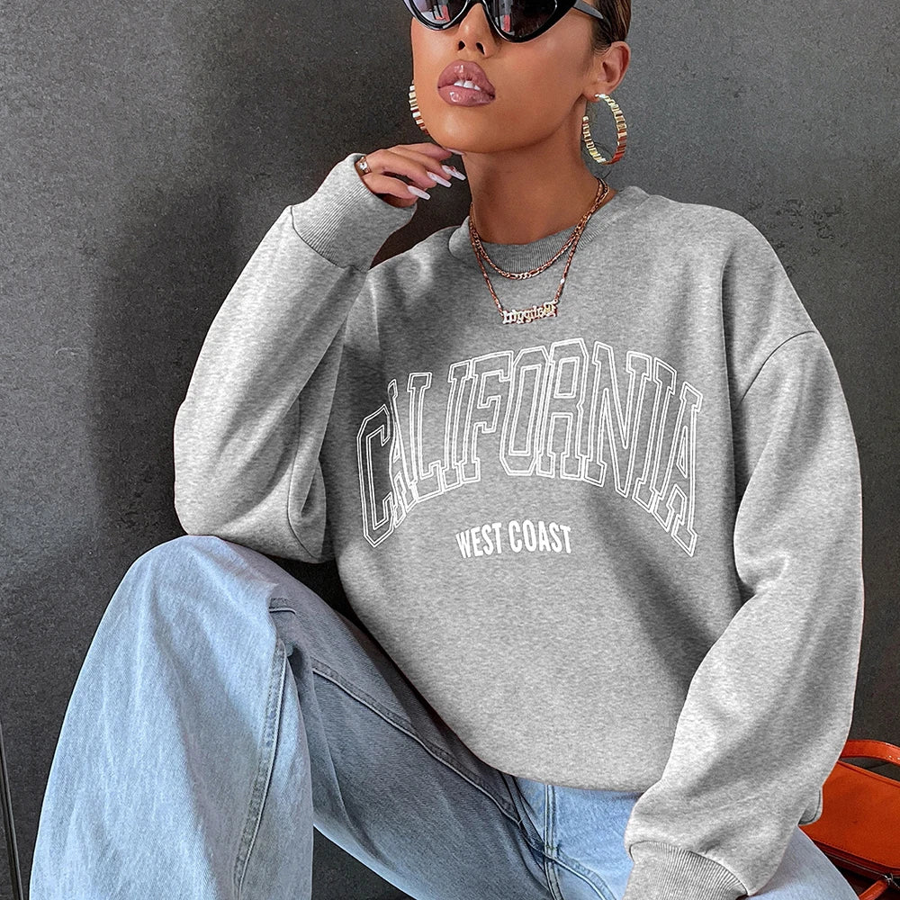 Korean Trend Woman Sweatshirts California West Coast Print Female hoodie Long Sleeves O-neck Pullovers Sporty and Rich Clothing