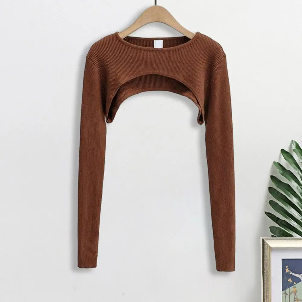 Women Long Sleeve Crop Top Blouse Round Neck Women T-shirt Stylish Women's Crop Top Set Elastic Knitted T-shirt Matching Coverup Top