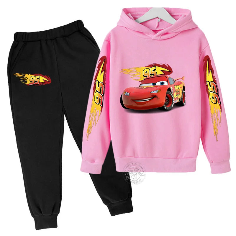 Autumn Disney Car Children's Lightning McQueen Cartoon Printed Children's Hoodie+Pants Anime Kawaii Top Casual Boys and Girls Se