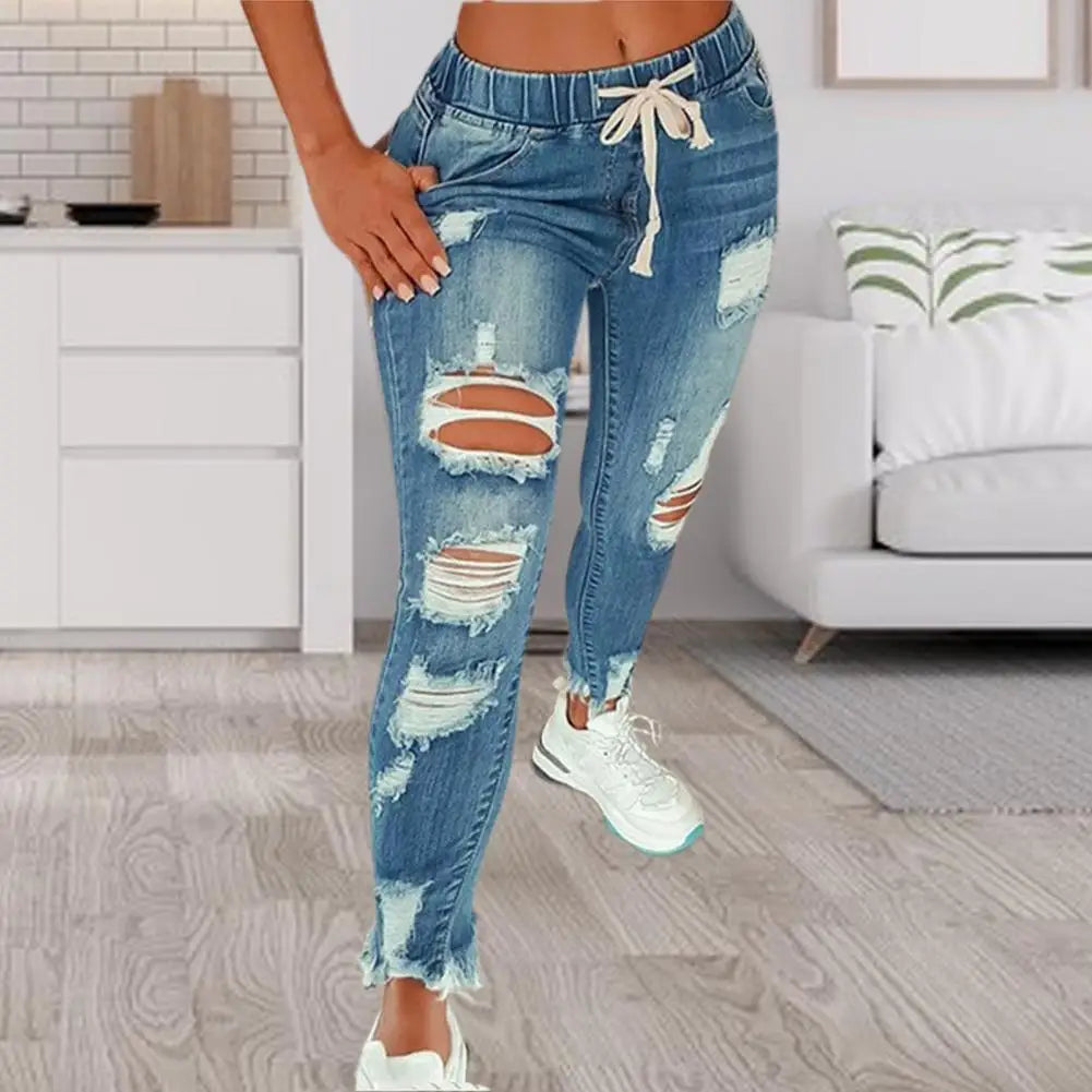 Pencil Jeans Streetwear Women Jeans Elastic Waist Denim Pants