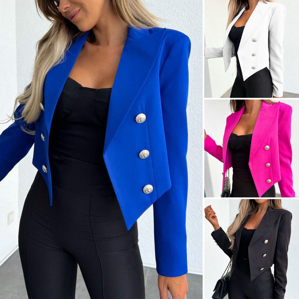 Stylish Women's Blazer with Double-Breasted Placket Lapel Short Solid Color Suit Jacket for Office Ladies Fashion