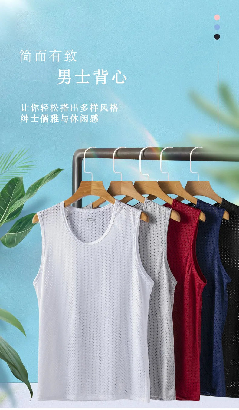 New Mens Mesh Vest Ice Silk Quick-drying Bodybuilding Tank tops Fitness Muscle Sleeveless Narrow Vest Fitness Casual Sport Tops