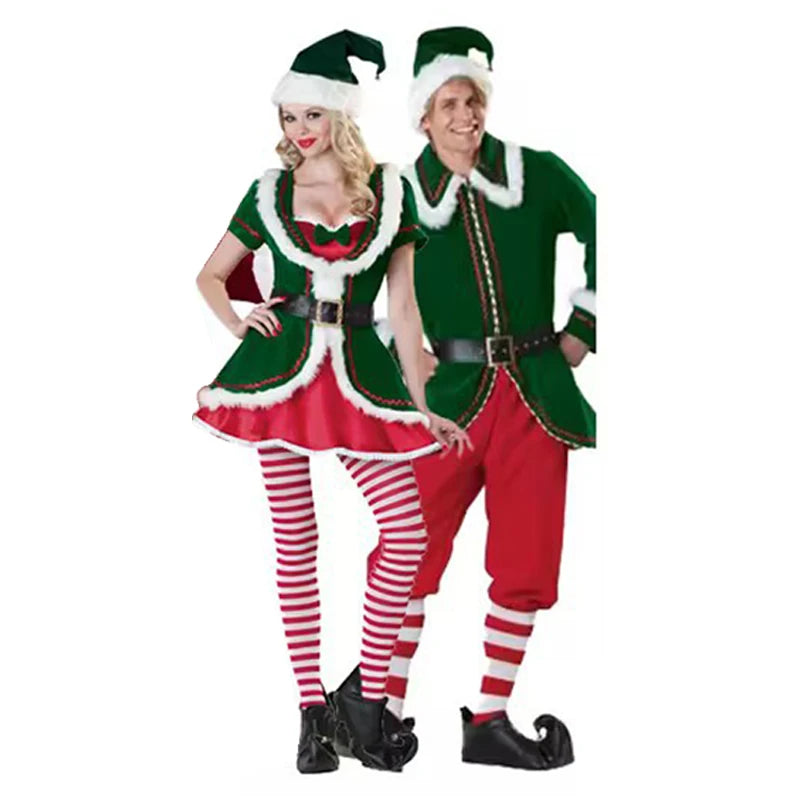 Men and Women Christmas Cosplay Santa Claus Couple Costume Green Elf Halloween Party