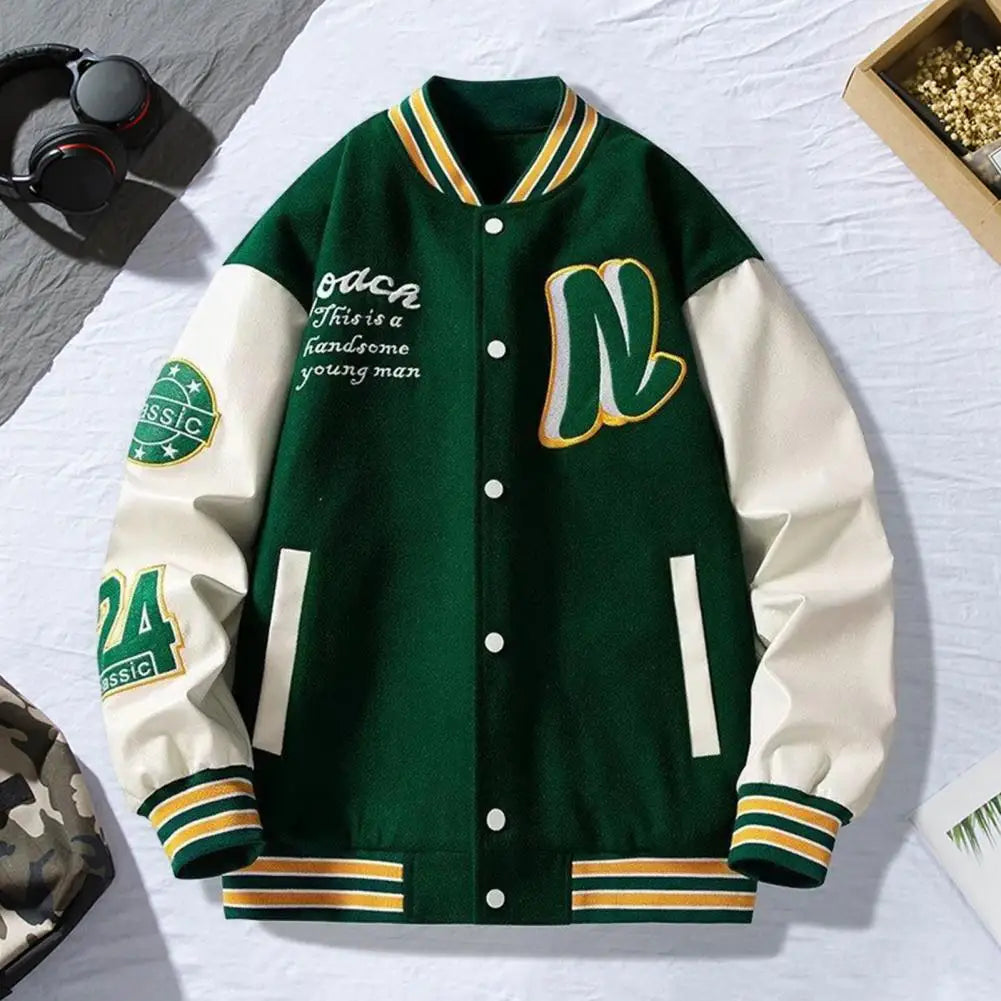 Men Baseball Jacket Men's Stand Collar Striped Letter Pattern Cardigan Baseball Coat