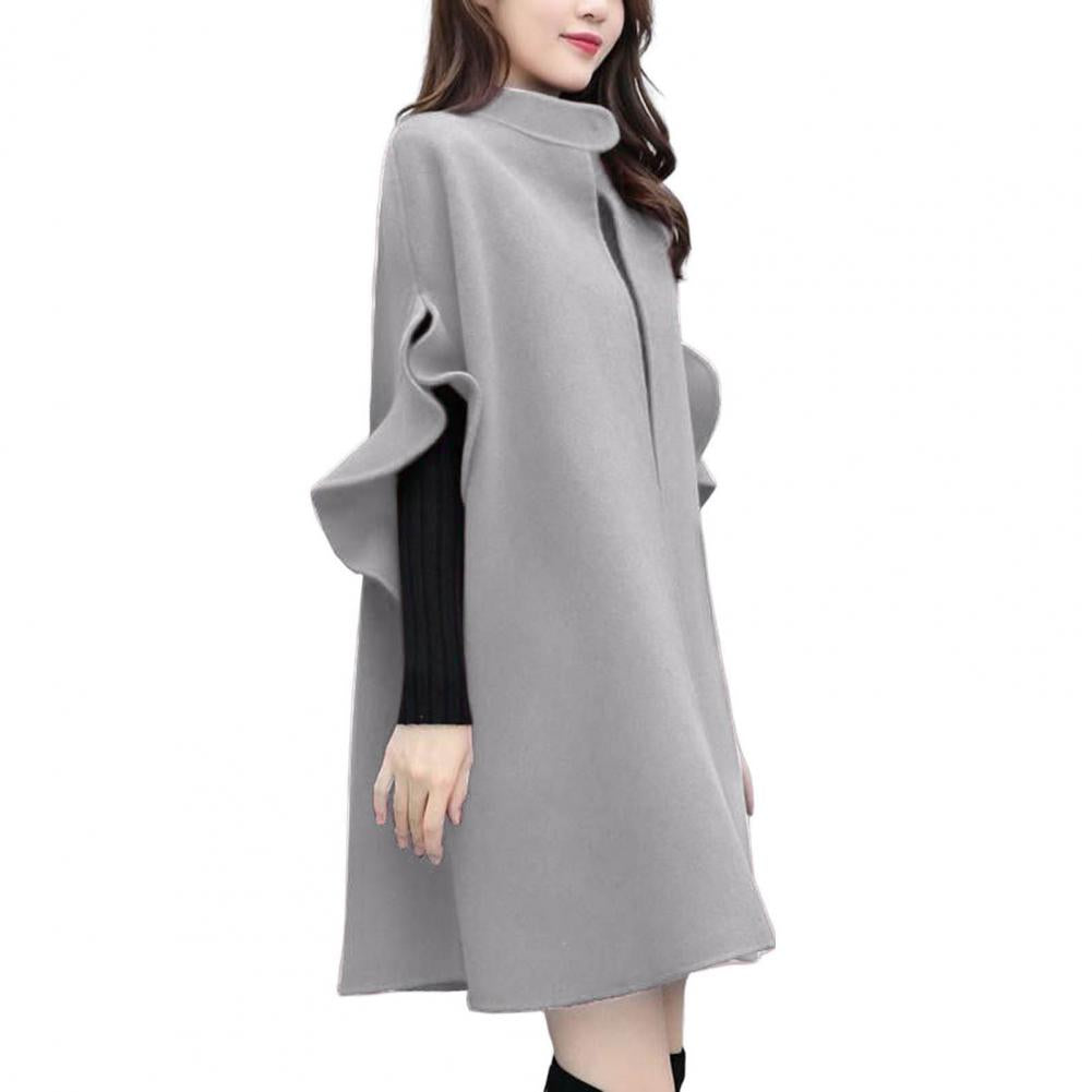 Women Winter Coat Solid Color Formal Elegant Big Hem Midi Length Long Sleeves Cardigan Stand Collar Lady Cloak Coat for Dating