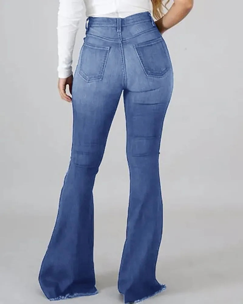 Denim Women's Pants High-stretch Ripped Jeans High-waisted Flared Trousers for Women