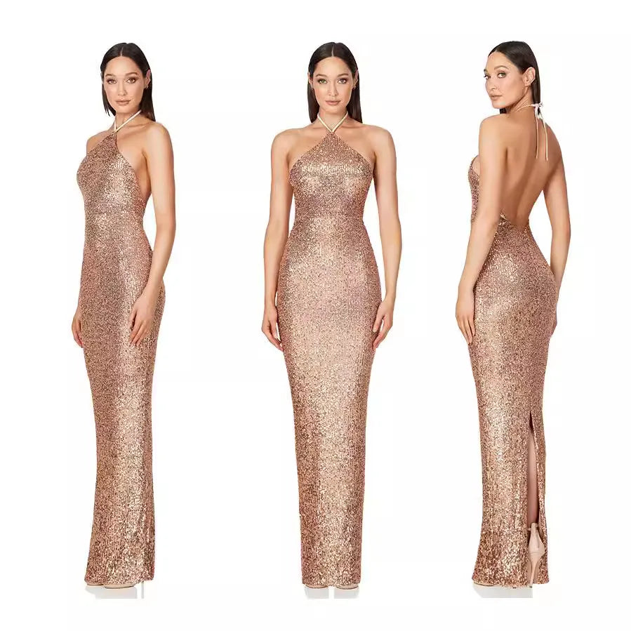 Elegant Dress Women For Wedding Party Cocktail Prom Dress Sequin Neck Hanging Sexy Long Formal Evening Dresses Hxy9